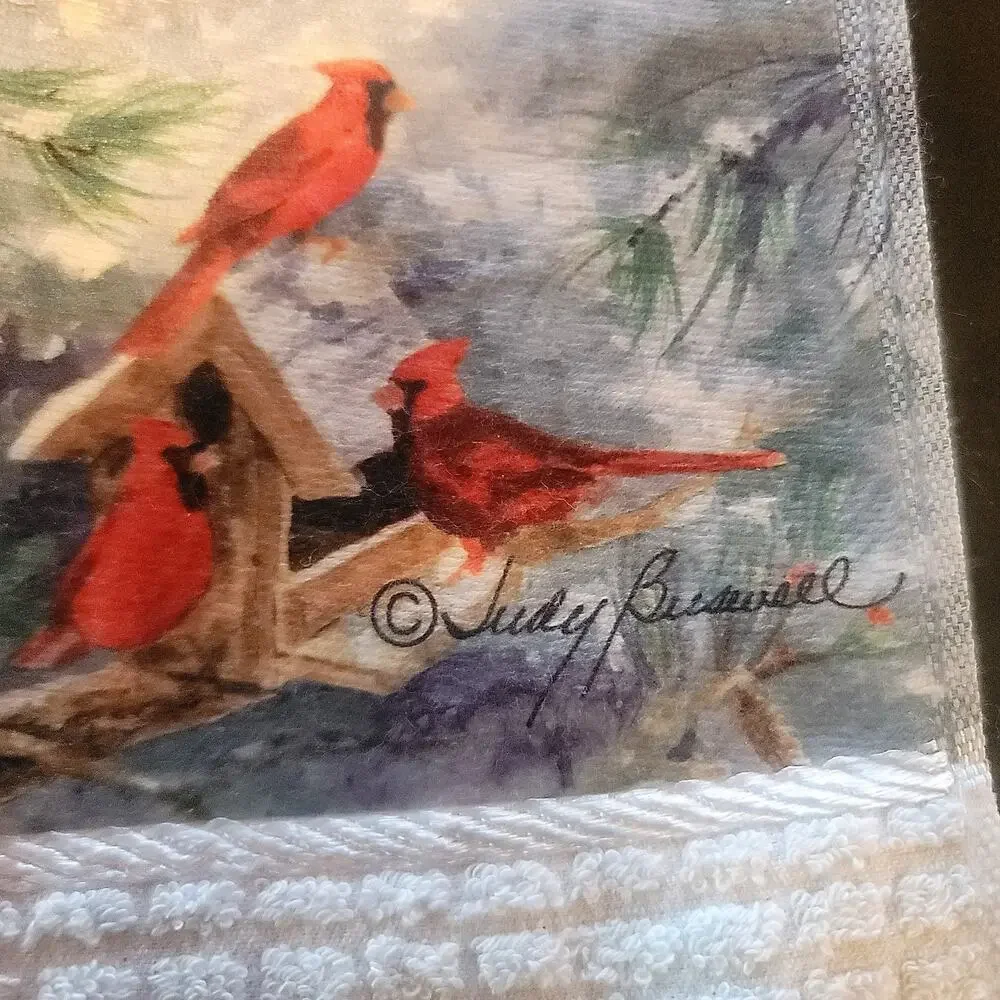 RARE Lot 4 Judy Buswell Print Red Cardinal Bird Waffle Weave Kitchen Hand Towels
